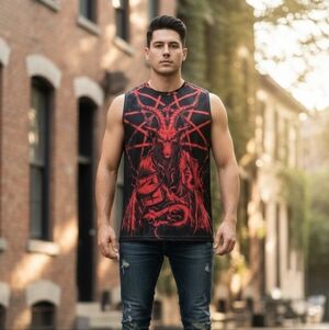 Satanic Baphomet Pentagram Graphic Tank Top -Gothic Occult Sleeveless Size L